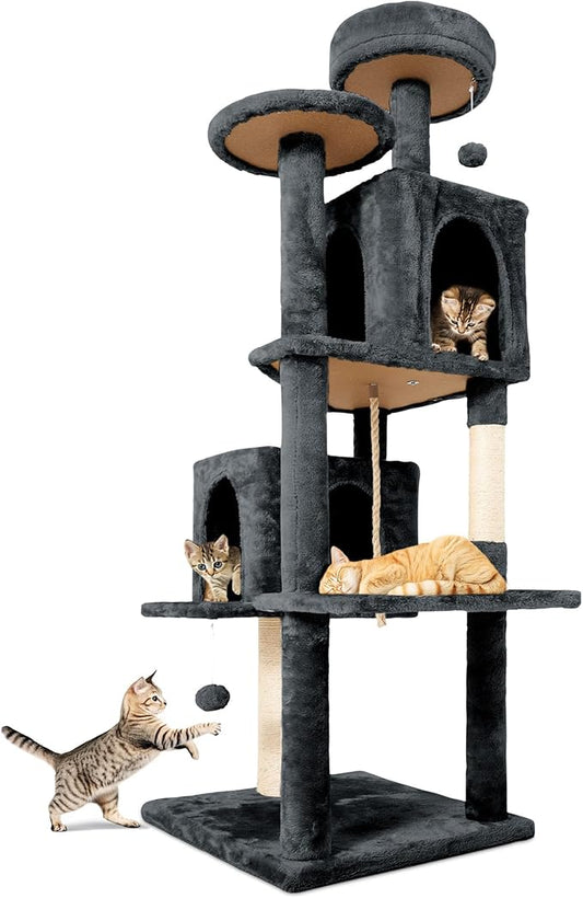 58.5inch Large Cat Tree Tower Condo for Indoor Cats, Soft Plush Multi-Level Climbing Tree Cat House with Cat Cave, Scratching Post, More Entrance/Exit, Sisal Rope, Deep Grey