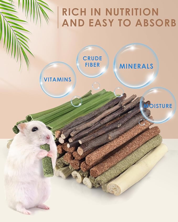 Bissap 54 PCS Rabbit Chew Sticks, Mix Natural Sweet Bamboo Timothy Hay Oat Carrot Chew Stick Apple Branch Bunny Chews for Rabbit Hamster Chinchilla Guinea Pig Small Pet Molar Treats