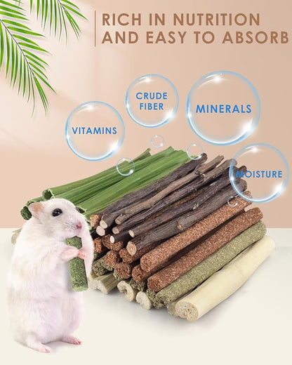 Bissap 54 PCS Rabbit Chew Sticks, Mix Natural Sweet Bamboo Timothy Hay Oat Carrot Chew Stick Apple Branch Bunny Chews for Rabbit Hamster Chinchilla Guinea Pig Small Pet Molar Treats