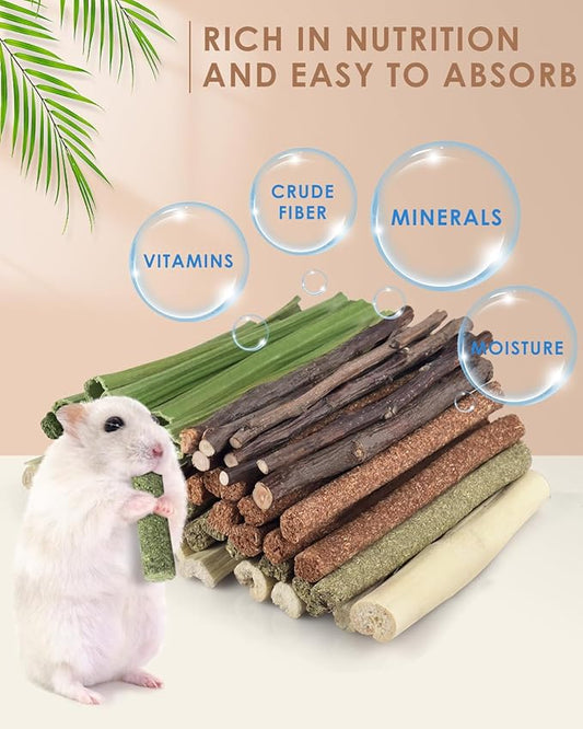 Bissap 54 PCS Rabbit Chew Sticks, Mix Natural Sweet Bamboo Timothy Hay Oat Carrot Chew Stick Apple Branch Bunny Chews for Rabbit Hamster Chinchilla Guinea Pig Small Pet Molar Treats