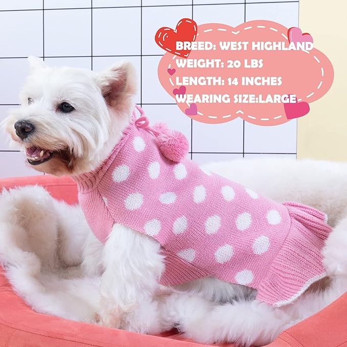 KYEESE Valentines Dog Sweater Dress, Warm Dog Sweaters Medium Large Size Dogs Girl, Cozy Pullover Pet Clothes Knit Pet Apparel with Leash Hole, Pink Dot, 2XL