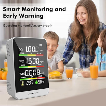 Air Quality Monitor Indoor,8-in-1 Smart Air Quality Tester with CO2, TVOC, HCHO, AQI, Temperature & Humidity, Real Time Display, Battery Powered, for Home & Office (White)