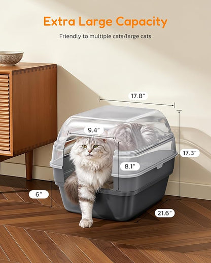 Large Cat Litter Box with Transparent Lid, Foldable Hooded Litter Box with Front Door Flap for Privacy, Easy Clean Non-Sticky Litter Box with Intelligent Deodorizing, (21.6" L x 17.8" W x 17.3" H)