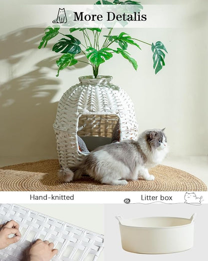 SETVSON Cat Litter Box Plant Enclosure, Hidden Handwoven Rattan with Cat Litter Box Furniture and Artificial Plants, Odor Control Filter, Real Stones in Living Room, Bedroom, Corner (White)