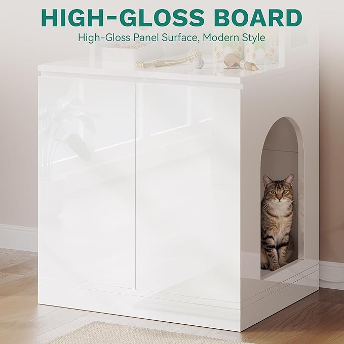 YITAHOME Large Cat Litter Box Furniture with Shelves and Charging Station, Hidden for Self-Cleaning Cats Litter Box Enclosure, Wooden Cat Cabinet for Smart Litter-Box Size, High-Gloss White