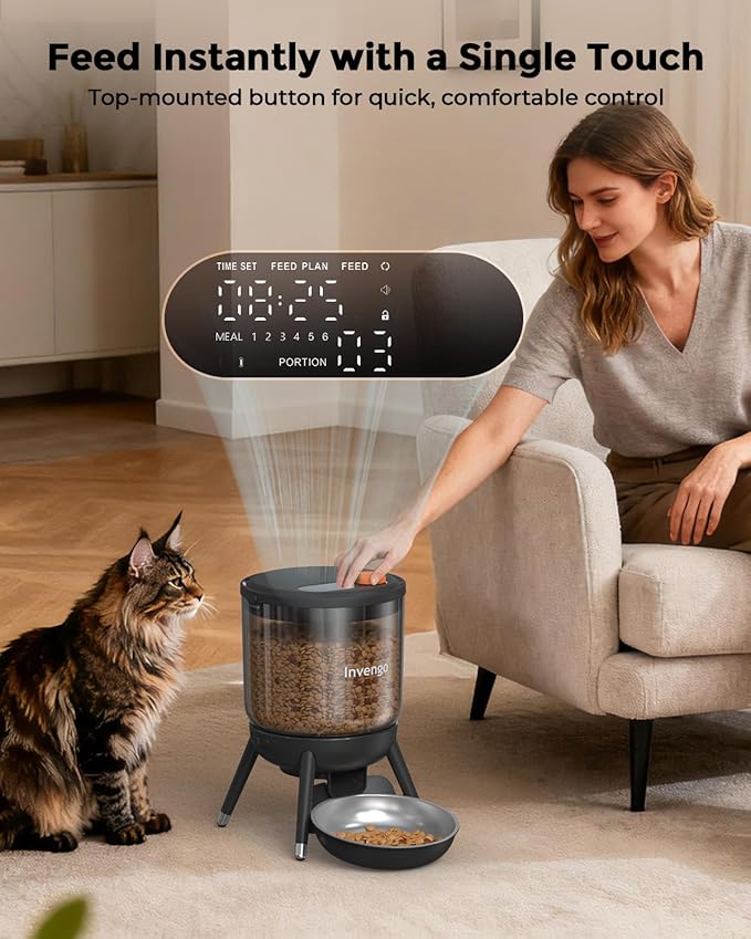 Invengo Automatic Cat Feeder with Timed Food Dispenser, One-Touch Feeding, Dual Power Supply, Anti-Bug Design, Visible 3L Hopper – Automatic Pet Feeder for Cats and Small Dogs