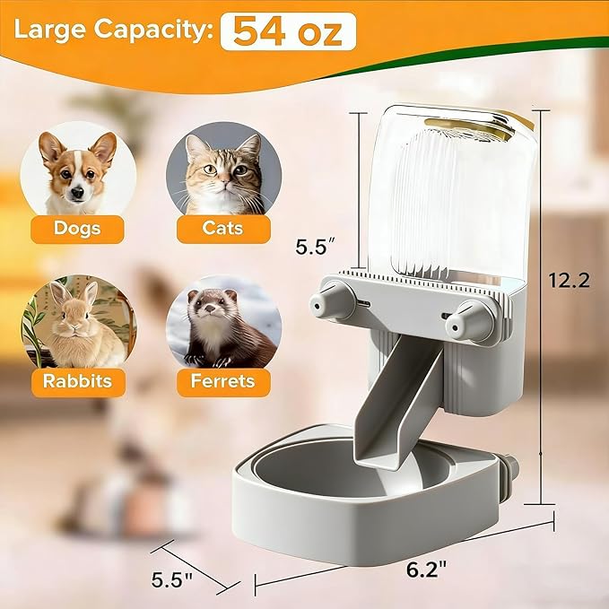 54 oz Pet Food Dispenser, Gravity Feeder Bowl for Cage, Auto Feeder for Ferret, Cat, Dog and Other Small & Medium Animals, Compatible with Widemouth Cages(Gray)