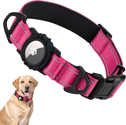 Taglory AirTag Dog Collar with Waterproof Holder for Large Dogs, Hot Pink L | Reflective for Night Walks & Low-Light Safety, Track Your Pup Peace of Mind, Adjustable Soft Padded, No More Dangling Tags