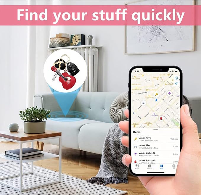 Leather Keychain Holder Case Compatible with AirTag,Cute Protective Cover with Keyring,Anti-Scratch Finder GPS Tracker Case for Wallet Keys,Bag,Pets,Backpack(Guitar Red)