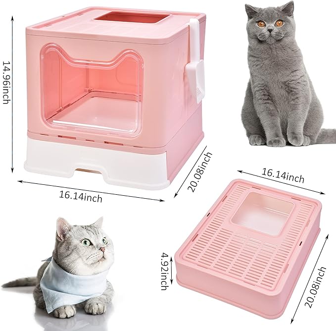 Panghuhu88 Foldable Litter Box With Lid, Large Top Entry Cat Toilet, Enclosed Potty Include Litter Scoop, Drawer Type Easy Clean Pan (Pink, 20" L x 16" W x 15" H)