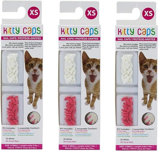 Kitty Caps Nail Caps for Cats, Pure White & Coral Red - Safe, Stylish & Humane Alternative to Declawing Stops Snags & Scratches, X-Small (Under 5 lbs), 40 Count - 3 Pack