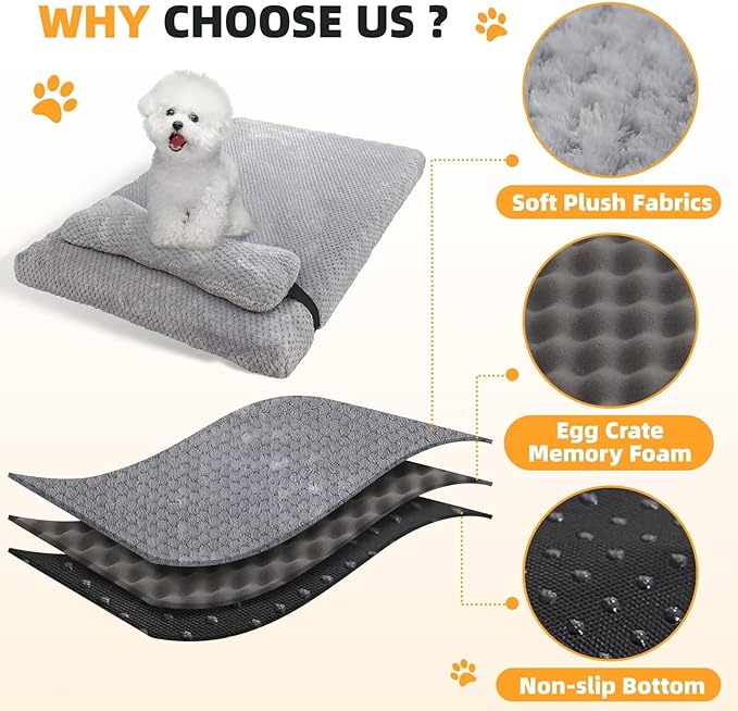 huraty Orthopedic Dog Bed with Bolster Pillow, Soft Plush Pet Bed Mat Non-Slip Bottom, Washable Pet Bed Mattress for Crate Kennel Suitable for Pets Up to 10 lbs, Charcoal 19.6x15.7x2 in