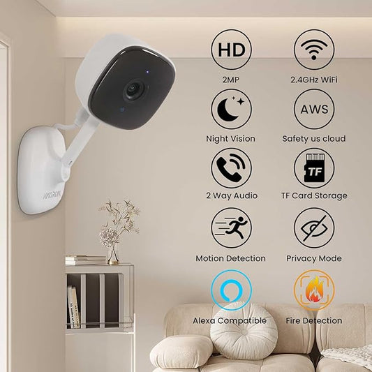 AMOROM 2 Pack 1080P Indoor Wired Security Cameras, Home Indoor Cameras for Dog/Cat/Pet/Nanny/Baby/Elderly, Motion Detection, Night Vision, Smoke Siren, 24/7 Recordings, 2.4GHz Wi-Fi