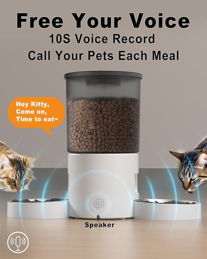 Automatic Cat Feeder 2 Cats, 4.2L Dry Food Auto Dispenser with Double Bowls,Dual Power Supply,Programmable Portion Control,10s Voice Recorder(Black,Stainless Steel Bowls) (Transparent+White)