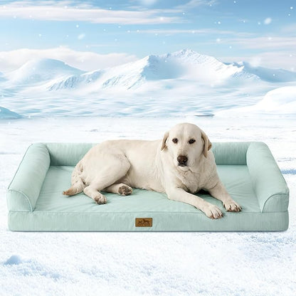 Cooling Dog Bed, Orthopedic Foam Dog Bed with Sides, Removable Cover & Waterproof Lining and Nonskid Bottom, Comfortable Pet Beds for Extra Large Dogs, Green (48" L x 32" W x 7.5" Th)