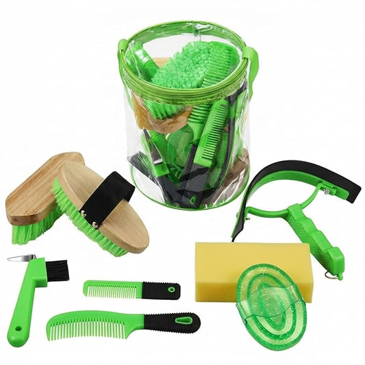 Cunhill 9 Pcs Horse Grooming Kit Tack Room Supplies Set with Tote Bag, Oval Massage Curry, Hard and Soft Brush, Hoof Pick, Sweat Scraper, Bathing Sponge, Comb for Horse Rider(Cute,Green)