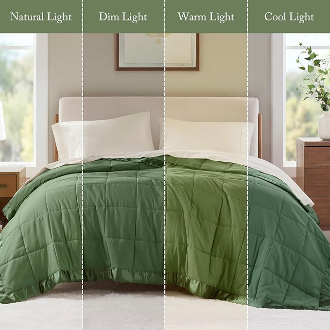 Madison Park Twin Blanket Quilted Microfiber, Satin Binding, 3M Scotchgard Moisture Wicking Treatment, Soft and Lightweight Summer Blanket for Couch, Windom, Twin, Green