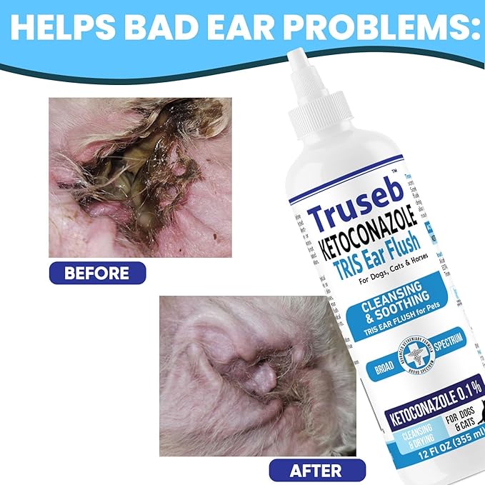 Pet Health Pharma Truseb | Dog Ear Flush Ketoconazole Dog Ear Wash, Cats and Horses, Ketoconazole Tris Ear Flush for Dogs (12 oz) Made in U.S.A (Ketoconazole Ear Flush, 12 oz)