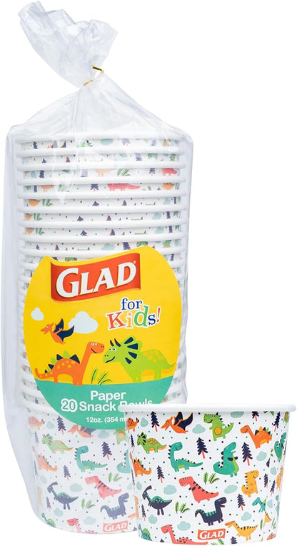 Glad for Kids Dinosaurs Paper Snack Bowls, Colorful Heavy Duty Microwave Safe Disposable Bowls for Soup, Ice Cream, and Snacks, Lids Not Included, Multicolor, Party Pack, 12 Oz, 20 Count