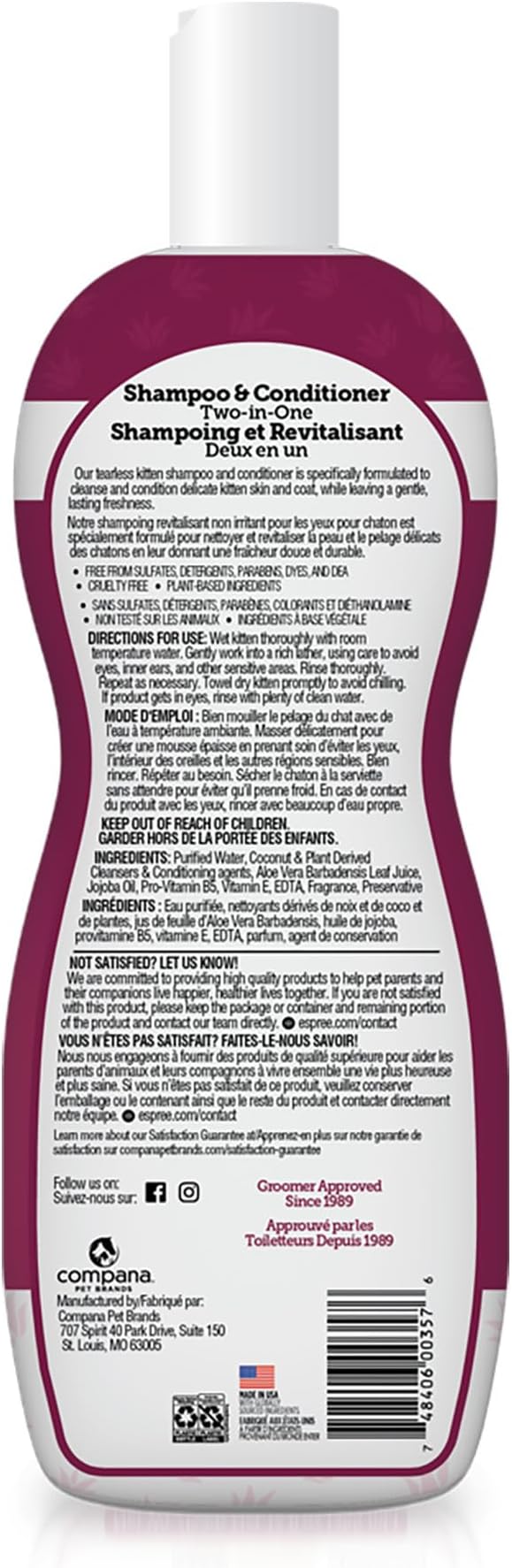 Espree Gentle Fresh Kitten Shampoo & Conditioner, Tearless Formula with Aloe Vera, Sulfate-Free, Paraben-Free, Harsh Chemical and Dye-Free, Safe for Sensitive Skin, 12oz