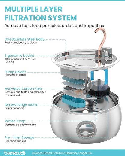 Tomxcute Cat Water Fountain - 4.0L/135oz Gooseneck Copper Stainless Steel Cat Water Fountains for Cats Indoor - Kitty Cat Fountains for Drinking Spout - Comes with 3 Replacement Filters