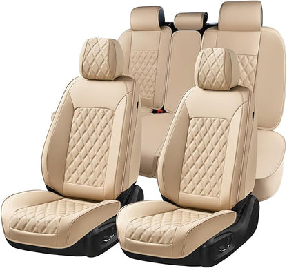 Huidasource Beige Seat Covers, Nappa Leather Car Seat Covers, Velcro Adjustable, Compatible with Airbags, Armrests, Child Seat, Universal Fit for Most Cars, Vans, Trucks, SUVs (Full Set/Beige)