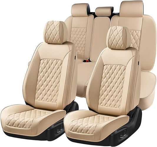Huidasource Beige Seat Covers, Nappa Leather Car Seat Covers, Velcro Adjustable, Compatible with Airbags, Armrests, Child Seat, Universal Fit for Most Cars, Vans, Trucks, SUVs (Full Set/Beige)