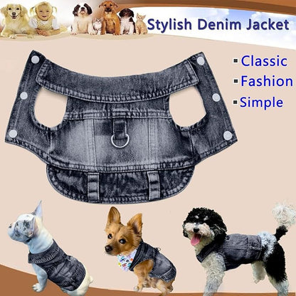 Dog Jean Jacket, Blue Denim Shirt Classic Lapel Vest Coat Costume Puppy T-Shirt, Comfort Tank Top Cool Apparel, Washed Pet Clothes for Dogs Boy Girl (Black with D-Ring, X-Large)