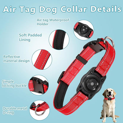 Air Tags Dog Collar, Waterproof Pet Collar with Air-Tag Chip for Apple Find My (iOS only) (Red, L)
