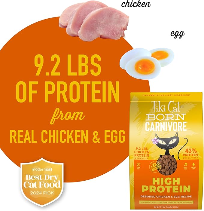 Tiki Cat Born Carnivore High Protein,Deboned Chicken & Egg,Grain-Free Baked Kibble to Maximize Nutrients,Dry Cat Food,11.1 lbs. Bag,(Pack of 2)