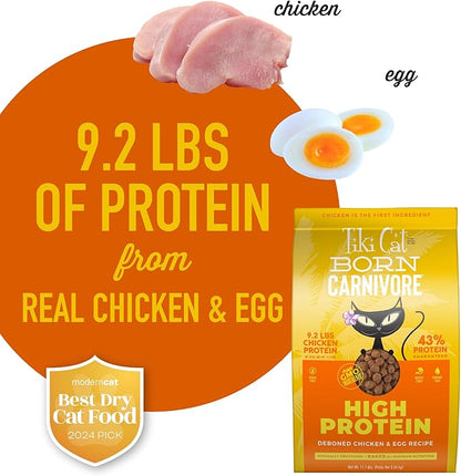 Tiki Cat Born Carnivore High Protein,Deboned Chicken & Egg,Grain-Free Baked Kibble to Maximize Nutrients,Dry Cat Food,11.1 lbs. Bag,(Pack of 2)