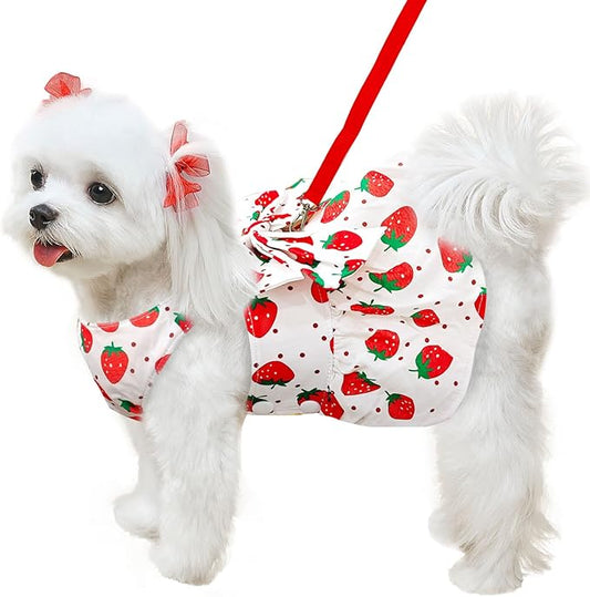 ABRRLO Cute Dog Dress Small Dog Clothes for Girls Female Puppy Outfits Red Strawberry Pet Summer Clothes Bowknot Doggy Cat Princess Dresses Harness for Holiday Birthday Party Costume Clothing (Red,L)