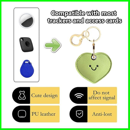 Leather Keychain Holder Case Compatible with AirTag,Cute Protective Cover with Keyring,Anti-Scratch Finder GPS Tracker Case for Wallet Keys,bag,pets,Backpack(Green Heart)