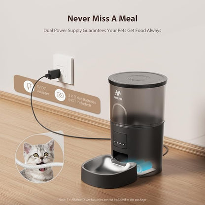IMIPAW Automatic Cat Feeder, 5G WiFi Food Dispenser with APP Remote Control, Pet Dry Food Smart Feeder, Programmable Timed Feeding, Dual Power Supply, 1-10 Meals, Desiccant Bag, Stainless Steel Bowl
