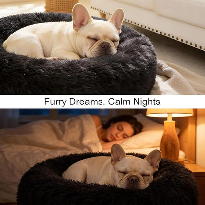 Dog Calming Beds for Medium Large Dogs - Round Donut Washable Puppy Dog Bed, Anti-Slip Faux Fur Fluffy Donut Cuddle Anxiety Cat Pet Bed(28'' Black)