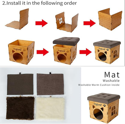 S-Lifeeling Pet Nest Cat Litter Foldable Functional High-Grade Wooden Cushion Pet Cat Small Dog House Bed Mat Cave and House Chair