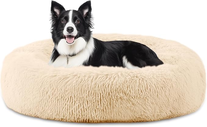 ELSKER&HOME Calming Dog Bed,Donut Washable Warming Soft Round 39 inches Dog Beds for Large Dogs,Anti-Anxiety Fluffy Plush Cushion Bed Fits up to 120 lbs Pets,Apricot