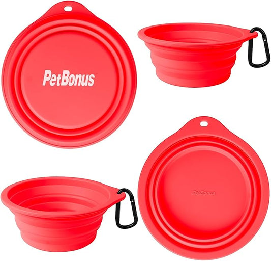 PetBonus 2-Pack Large Silicone Collapsible Dog Bowls, 34oz/1000ml BPA Free Portable Foldable Travel Bowl for Pet Cat, Food Water Feeding Dish for Camping with 2 Carabiners (Black, Red)