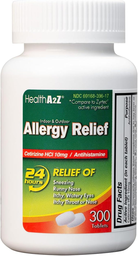 HealthA2Z® Allergy Relief, Cetirizine 10mg, Dye Free, All Day Allergy Relief, Indoor & Outdoor, Relief from Itchy Throat, Sneezing, Runny Noses, 300 Count (Pack of 1),