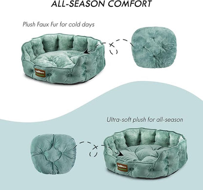 ClevaHome Upgrade Plush Faux Fur Cat Bed - Washable Round Cat Beds for Indoor Cats, Small Dog Bed for Pets up to 15lbs, Reversible Cushion, Non-Slip Bottom (Washed Green)