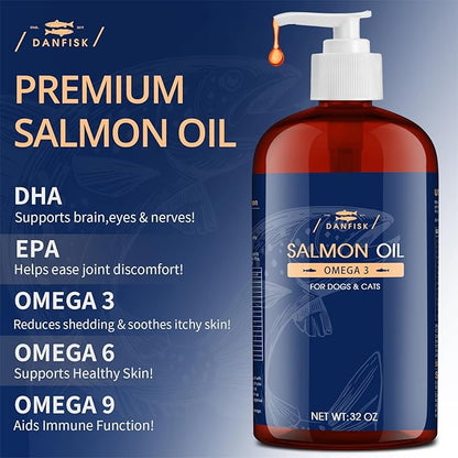 DANFISK Salmon Oil Formula with Omega 3, Fish Oil for Dogs Supplement, Skin & Coat Dog Oil, Itchy Relief, Immune Support for Joints & Heart, Food Topper, 32 oz