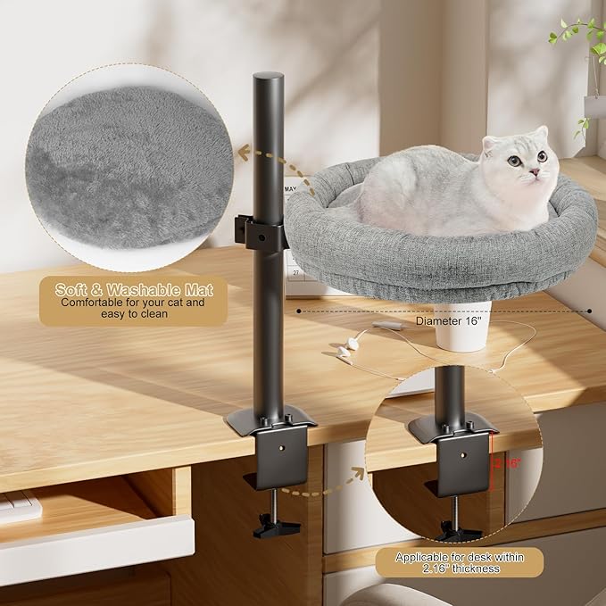 Cuipingoo Cat Bed - with 360 Rotation & Adjustable Height - Soft & Comfortable - Indoor Cats Up to 40 lbs (Grey)