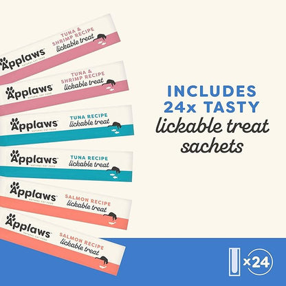 Applaws Lickable Cat Treats, Natural Grain-Free Purée, Made with Limited and Natural Ingredients, No Artificial Additives, Fish Squeeze Up Cat Treats (24 x 0.5 oz Sachets)