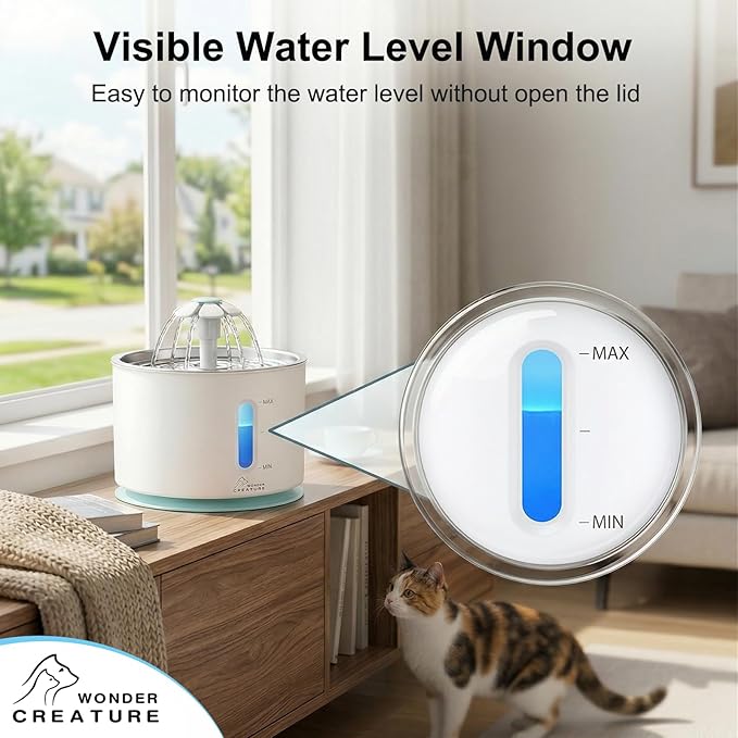 Wonder Creature Cat Water Fountain Stainless Steel Lid 81oz | Quiet Pet Fountain, LED Water Level Window, Multi-Layer Filter, Dishwasher-Safe Stainless Steel Lid for Cats and Dogs