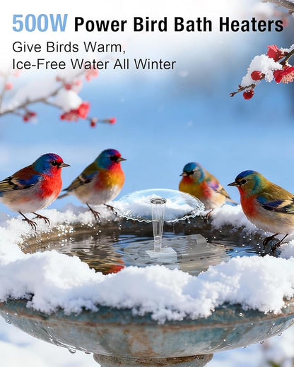 Bird Bath Heater with Fountain–500W Outdoor Cast Aluminum Submersible De-Icer, Birds Bath Water Heater for Winter with Thermostat, Chicken Waterer & Pond Heater with 9.8 Ft Cord