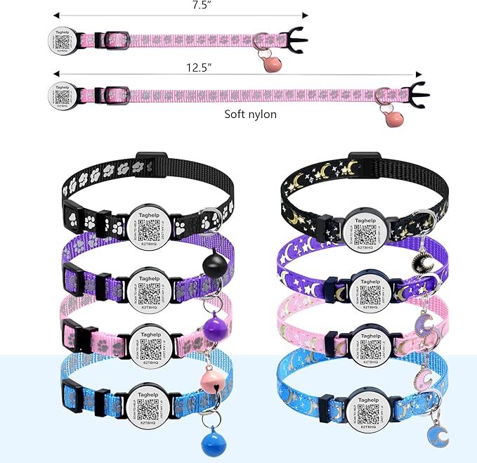 QR Code Breakaway Cat Collar with Online ID & Reflective Safety, 2 Pack Adjustable Night Visibility Collars - Smart Lost Pet Recovery with Bell, Moon & Star Design for Indoor Outdoor Cats (Black)