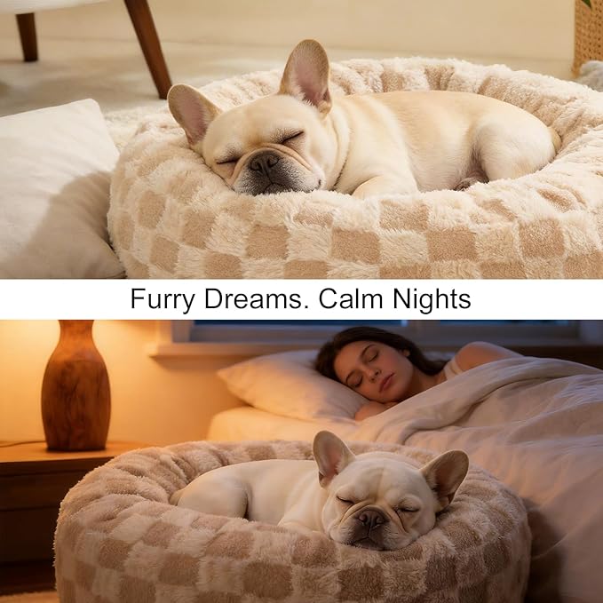Dog Calming Beds for Small Medium Large Dogs - Round Donut Washable Puppy Dog Bed, Anti-Slip Faux Fur Fluffy Donut Cuddle Anxiety Cat Pet Bed (28" Grid)