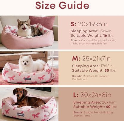 Mora Pets Reversible Dog Bed for Small Medium Dogs Large Cat Bed Washable - Cool & Warm 2-in-1 Anti Anxiety Calming Pet Bed for Summer, Rectangle Puppy Bed with Cute Pink Bow (25''x21''x7'')