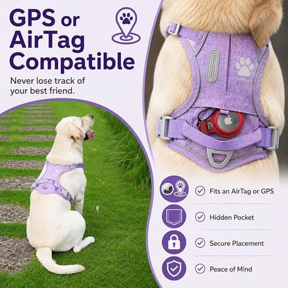 No Pull Dog Harness with Built-in Hidden AirTag & GPS Tracker Holder, Reflective Adjustable Escape-Proof Vest Harness for Small & Medium Dogs (Purple, S)