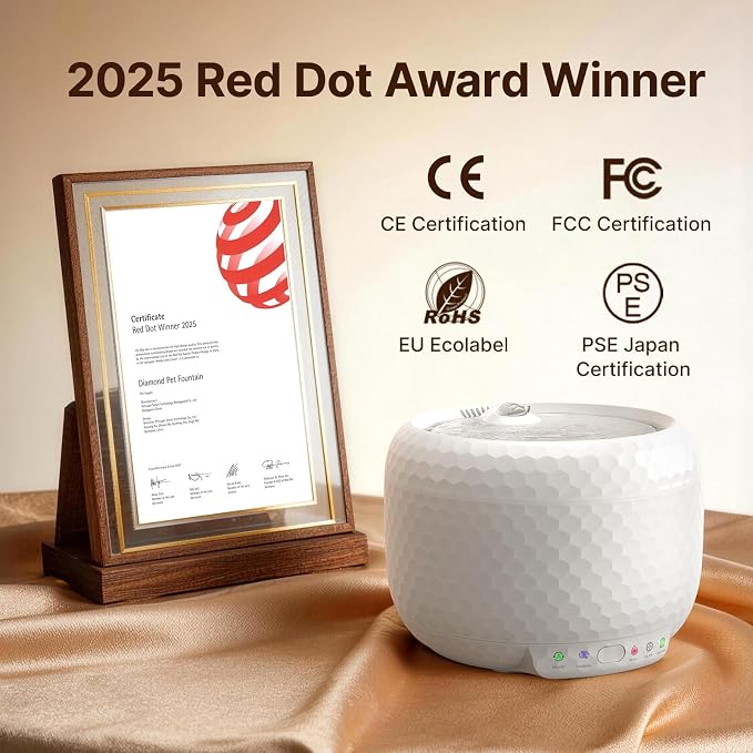 Red Dot Award Cat Water Fountain 1.8L/60oz, Ultra-Quiet Water Pump, Water-Electric Separation & Low Water Auto Shut Off for Cats Small Dogs